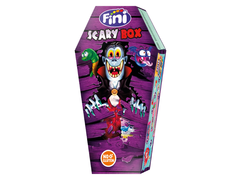 Caixa de doces com tema de Halloween, com um vampiro e o texto 'SCARY BOX'.