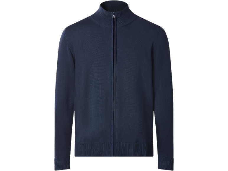 Cardigã masculino azul escuro com fecho éclair.