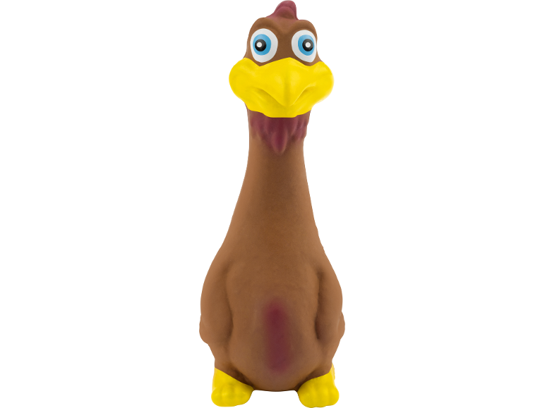Brinquedo de borracha para animais de estimação em forma de frango castanho e amarelo.