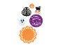 Decorações de Halloween variadas: fantasma, coruja, abóboras, gato preto e 'Happy Halloween' em roxo.