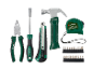 Um conjunto de ferramentas manuais verdes e pretas, incluindo alicate, chave de fendas, x-ato, martelo, fita métrica (3m) e dois conjuntos de bits.