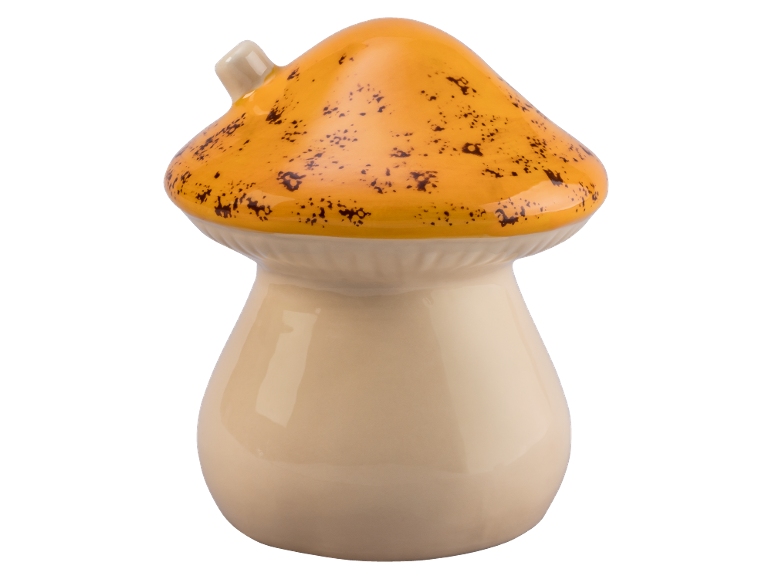 Recipiente de cerâmica em forma de cogumelo com tampa laranja e pintas castanhas.