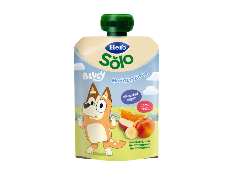 Saqueta Hero Solo Mediterráneo com Bluey, 0% açúcar, 100% fruta: laranja, pêssego e banana.