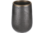 Caneca de cerâmica cinzento escuro com rebordo dourado.