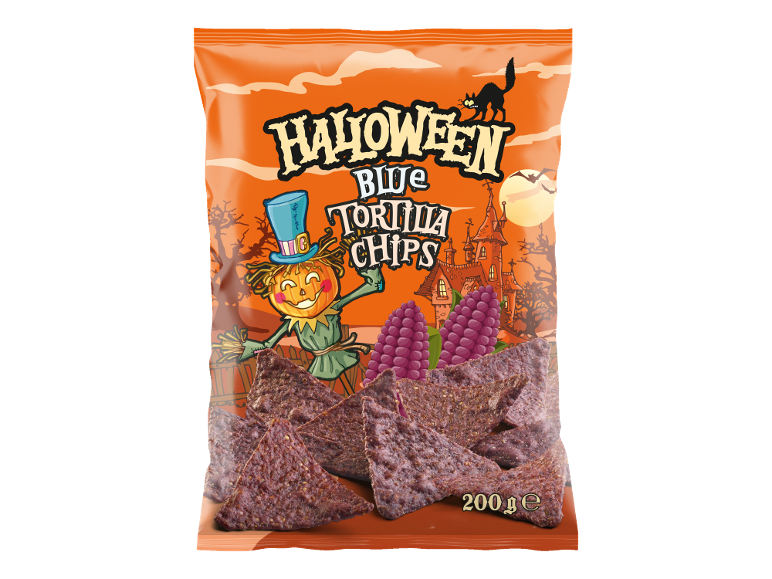 Saco de tortilhas azuis com tema de Halloween, com abóbora e castelo, 200g.