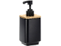 Dispensador de sabão preto mate com bomba e tampa de bambu.