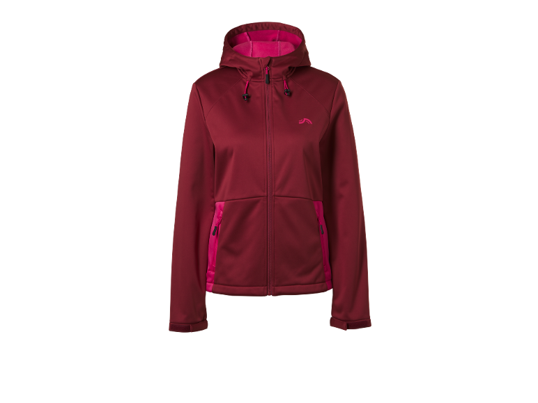 Casaco softshell bordeaux feminino com detalhes rosa e capuz.