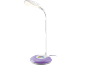 Candeeiro de secretária LED branco com base roxa e controlo tátil de cor.