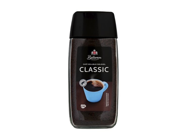 Frasco de café solúvel, sabor clássico, com uma chávena de café azul no rótulo.