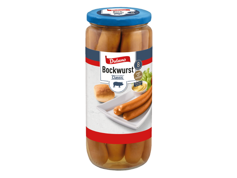 Frasco de salsichas Bockwurst clássicas, 8 peças, fumadas com madeira de faia, servidas com pão e mostarda.