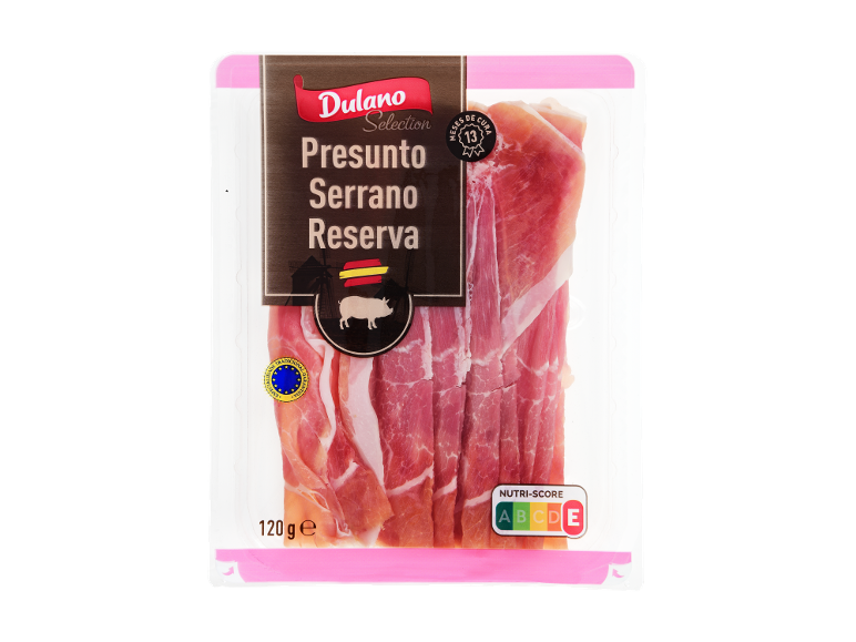 Embalagem de Presunto Serrano Reserva com Nutri-Score E, 120g
