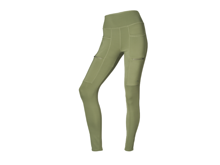 Leggings desportivas femininas verde-oliva com bolsos com fecho.