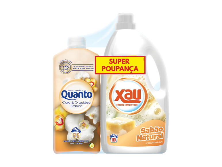 Dois detergentes para roupa: um amaciador de roupa e um detergente natural.