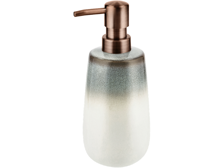 Dispensador de sabonete em cerâmica com acabamento gradiente verde a branco e bomba bronze.
