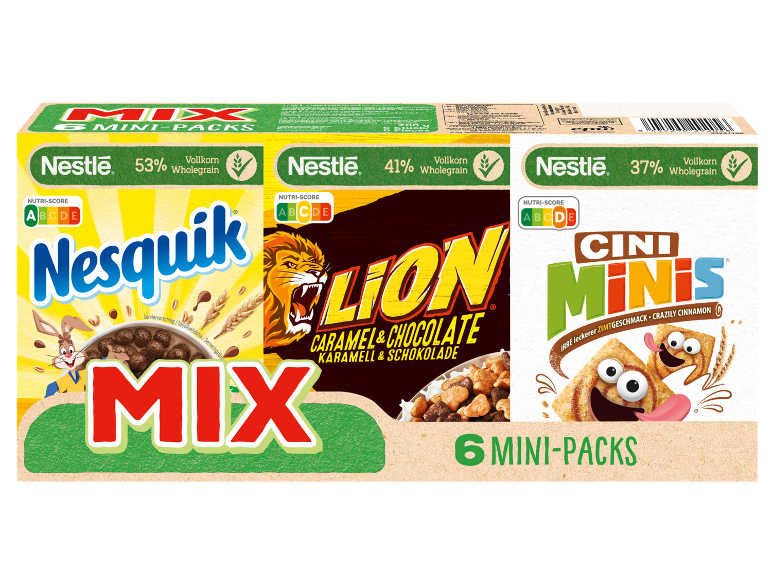 Caixa com 6 mini-embalagens de cereais com sabores a chocolate, caramelo e chocolate, e canela.