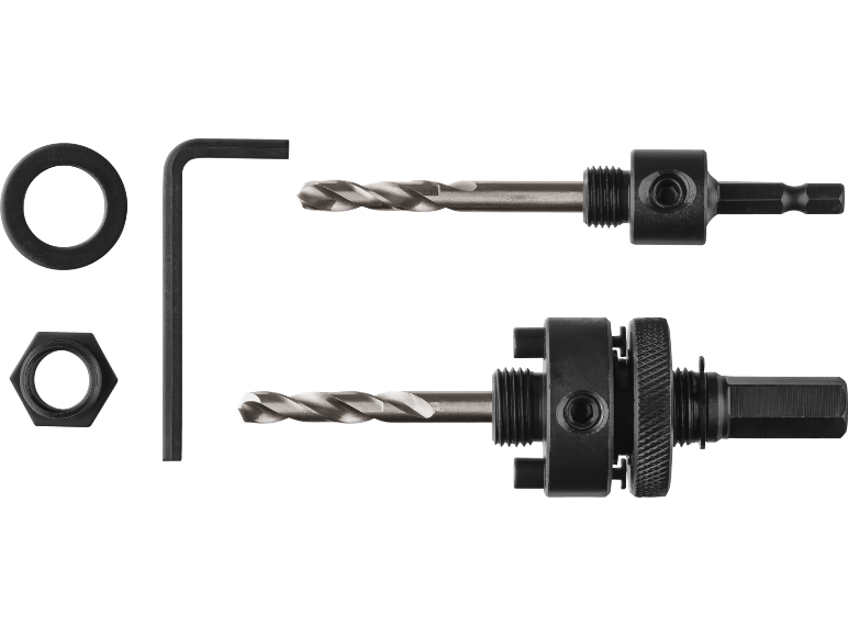 Conjunto de dois adaptadores de serra copo com brocas piloto, chave Allen e porcas.