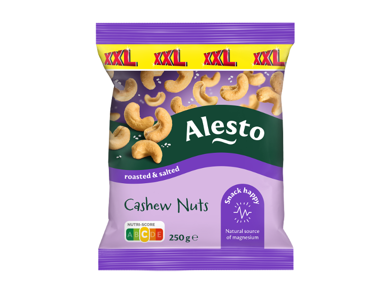 Saco XXL de cajus torrados e salgados, 250g, Nutri-Score C.