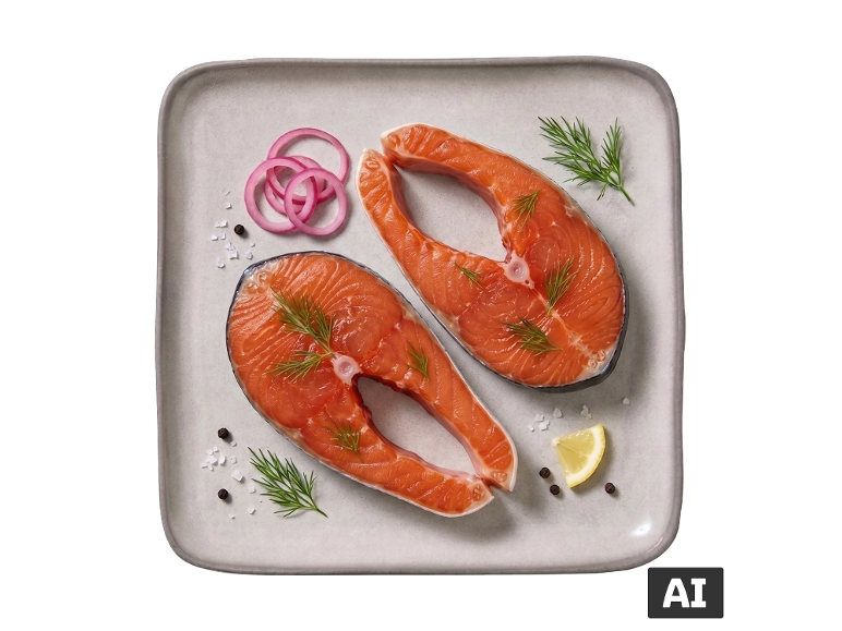 Dois bifes de salmão crus com endro, cebola roxa, limão, sal e pimenta.