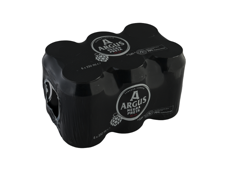 Cerveja Argus Negra Preta, pack de seis latas de 330 ml, 5,6% vol.