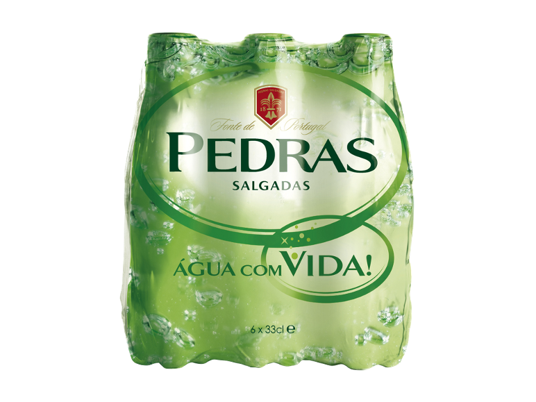 Pack de 6x33cl de Pedras Salgadas com embalagem verde e bolhas.