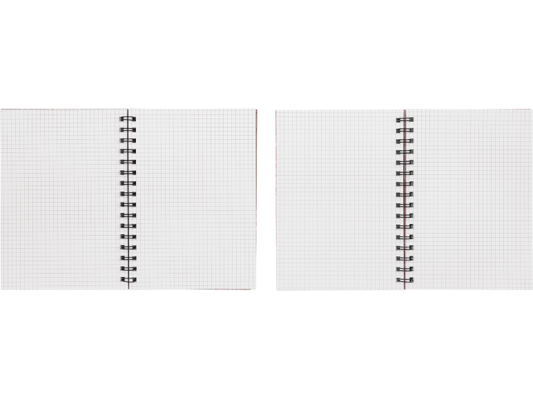 Caderno quadriculado aberto com espiral preta.