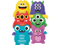 Seis monstros de brinquedo coloridos e sorridentes, cada um com olhos e chifres diferentes.