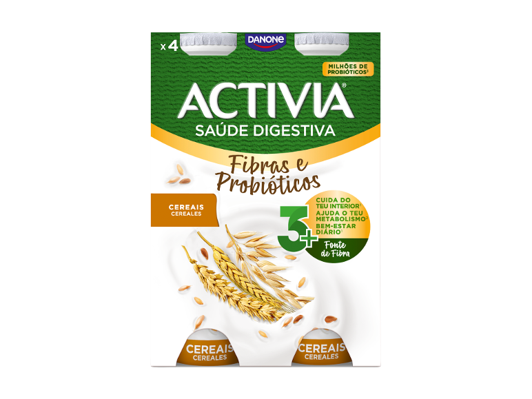 Embalagem de 4 iogurtes com cereais, fibras e probióticos para a saúde digestiva.