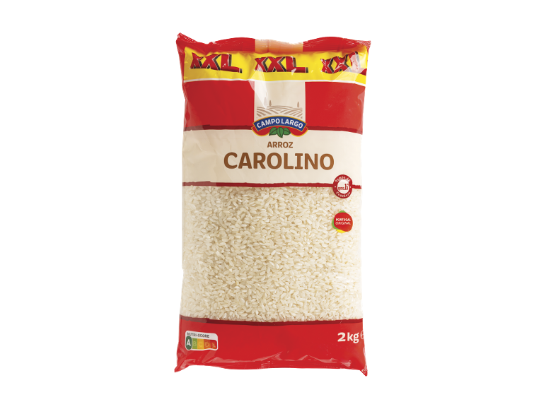 Embalagem de arroz Carolino de 2 kg com Nutri-Score A e indicação 'Portugal Original'.