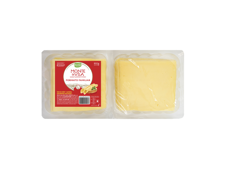 Embalagem de 800g de queijo flamengo fatiado, formato familiar, fonte de cálcio e proteína.