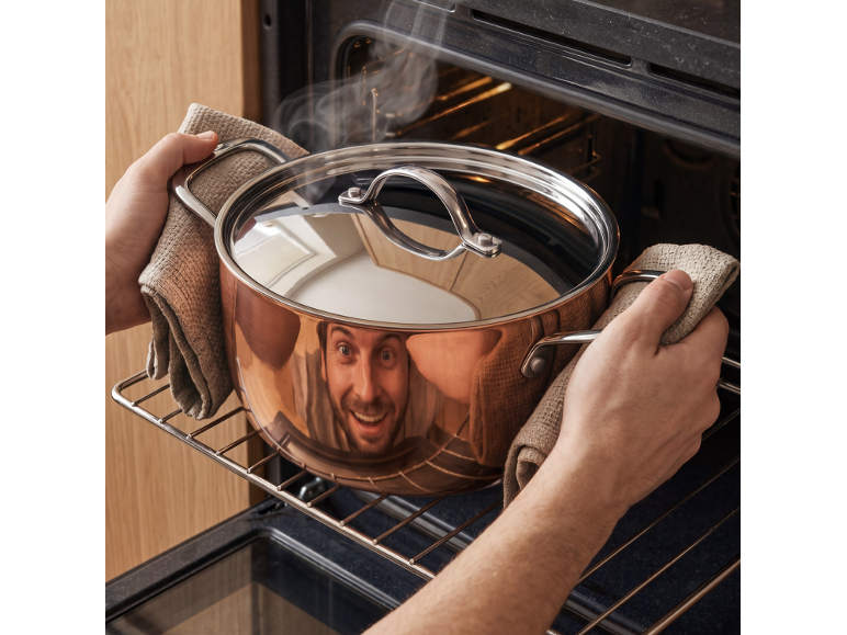 Homem com luvas de forno a colocar uma panela no forno.