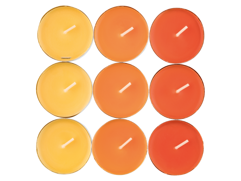 Nove velas tealight em tons de amarelo, laranja e vermelho.