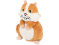 Hamster de peluche em castanho e branco com um rosto sorridente.