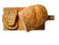 Pão multicereais fatiado sobre uma tábua de madeira.