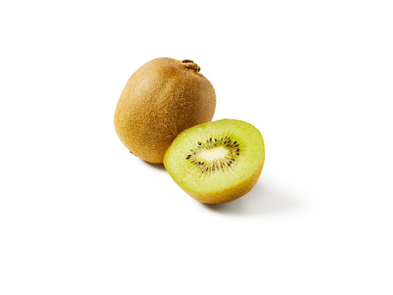 Um kiwi inteiro e um cortado ao meio, com polpa verde e sementes visíveis.