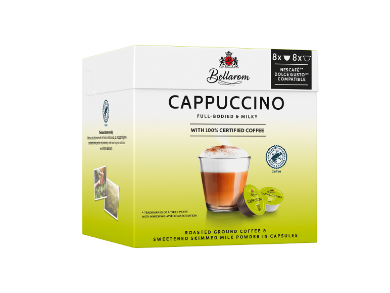Cápsulas de café com leite compatíveis com máquinas de café, com selo de certificação.