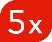Emblema vermelho com o texto '5x'