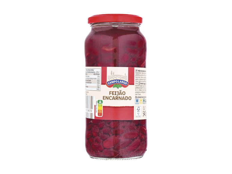 Frasco de feijão vermelho, com rótulo nutricional e informações de reciclagem.