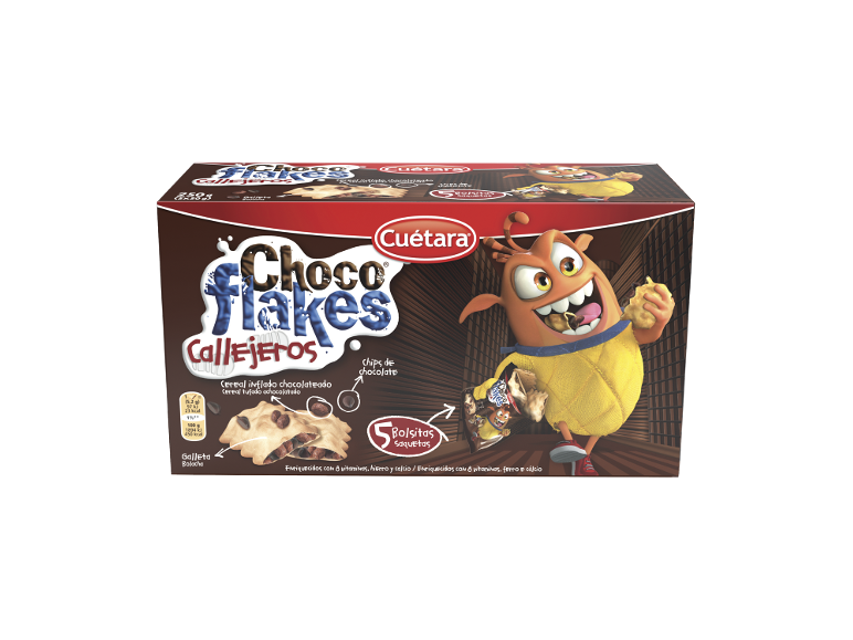 Caixa de flocos de chocolate e biscoitos, com um monstro de desenho animado.