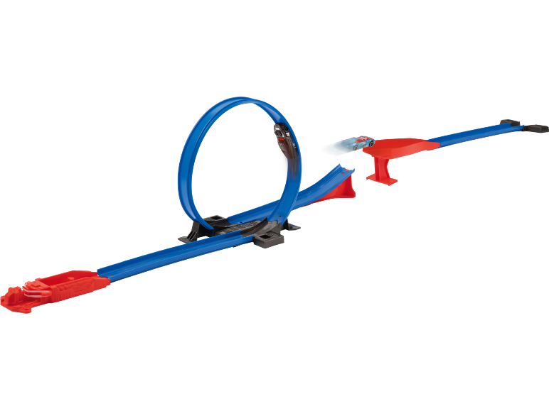 Pista de carros de brinquedo azul e vermelha com um loop e um carro a saltar.