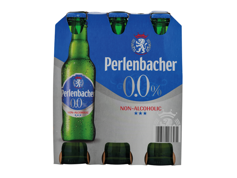 Pack de seis cervejas sem álcool em garrafas verdes com rótulos azuis.