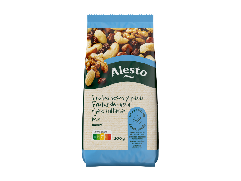 Saco de frutos secos e passas com informação nutricional e peso.