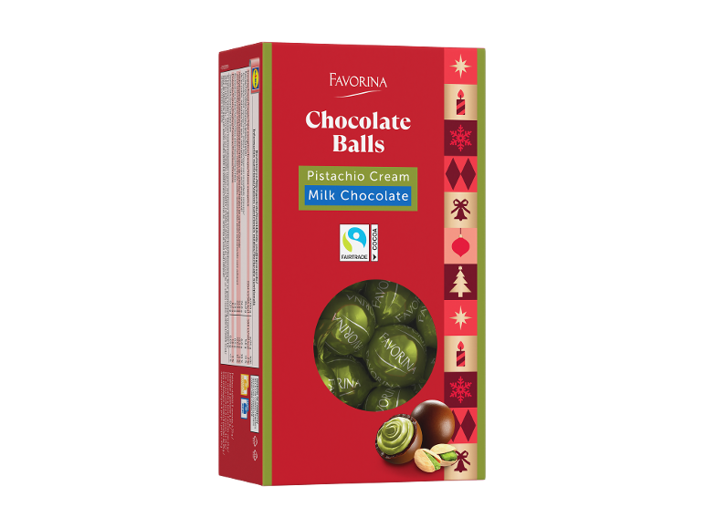 Caixa vermelha de bolas de chocolate com creme de pistácio e chocolate de leite, com motivos natalícios.
