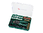 Kit de crimpagem com alicate, conectores e fios numa caixa verde.