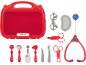 Kit médico de brinquedo vermelho com estetoscópio, óculos, tesouras e outros instrumentos médicos.
