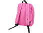 Mochila rosa com alças pretas e pega superior, vista por trás.