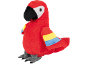 Papagaio de peluche vermelho com bico preto e asas coloridas