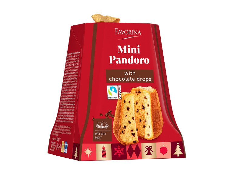 Mini Pandoro com pepitas de chocolate, de ovos de galinhas criadas no solo, em embalagem vermelha.