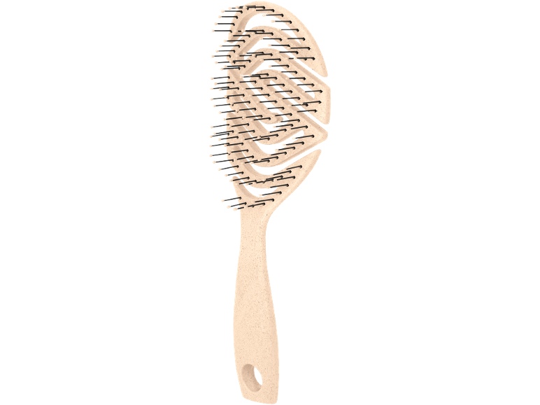 Escova de cabelo bege com secções vazadas e cerdas pretas.