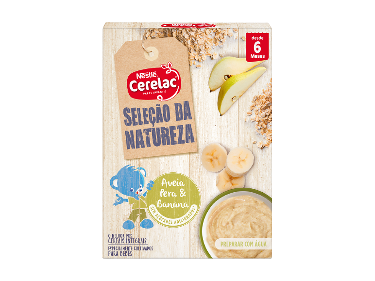 Nestlé Cerelac papas infantis de aveia, pera e banana, sem açúcares adicionados, para bebés a partir dos 6 meses.
