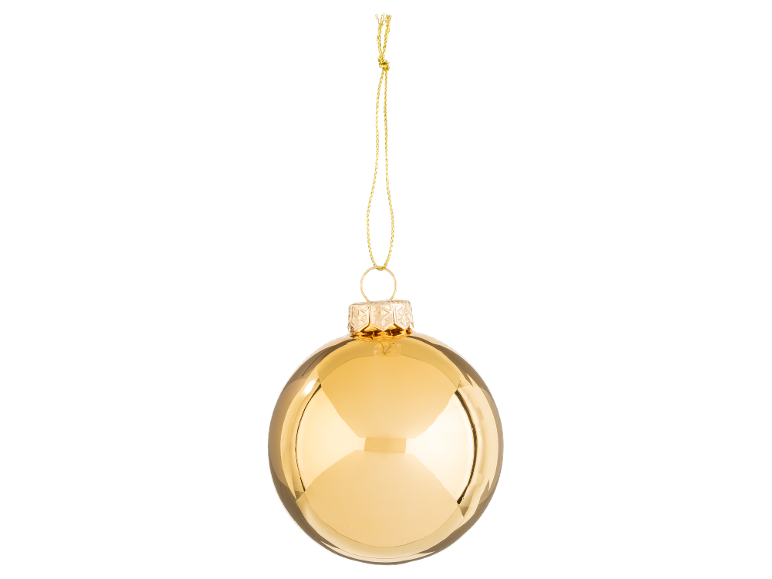 Bola de Natal dourada brilhante com um cordão dourado sobre fundo preto.
